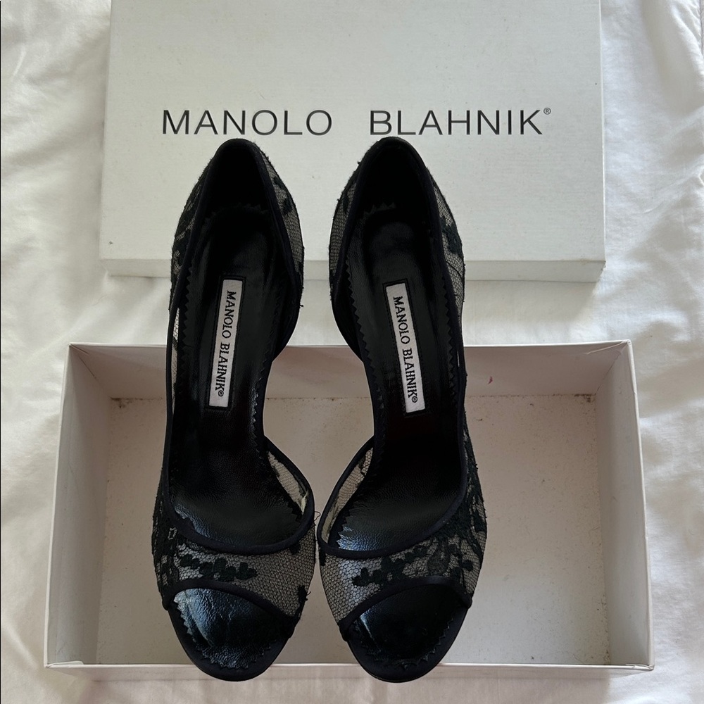 Manolo Blahnik Black Lace Peep-Toe Heels